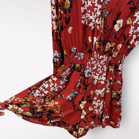 NWT Band of Gypsies Women's Tied Long Bell Sleeve Red Floral Summer Romper Small - Picture 2 of 11